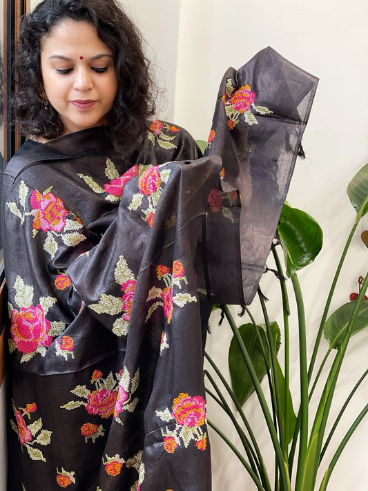 Black Tussar Silk Dupatta with cross-stitch embroidery