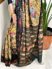 Yellow Handpainted Kalamkari Saree in Pure Tussar Silk
