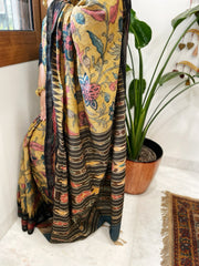 Yellow Handpainted Kalamkari Saree in Pure Tussar Silk
