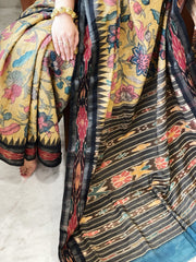 Yellow Handpainted Kalamkari Saree in Pure Tussar Silk