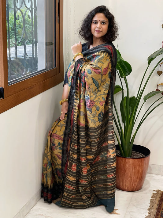 Yellow Handpainted Kalamkari Saree in Pure Tussar Silk