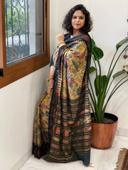 Yellow Handpainted Kalamkari Saree in Pure Tussar Silk