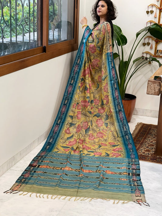 Yellow Handpainted Kalamkari Saree in Pure Tussar Silk