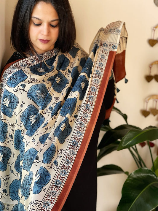 Cream  Designer Handblock Ajrakh Dupatta in Modal Silk