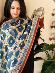 Cream Designer Handblock Ajrakh Dupatta in Modal Silk