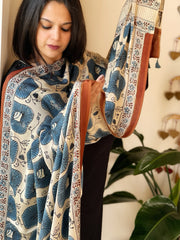 Cream Designer Handblock Ajrakh Dupatta in Modal Silk