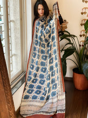 Cream Designer Handblock Ajrakh Dupatta in Modal Silk