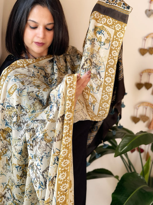 Cream Designer Handblock Ajrakh Dupatta in Modal Silk