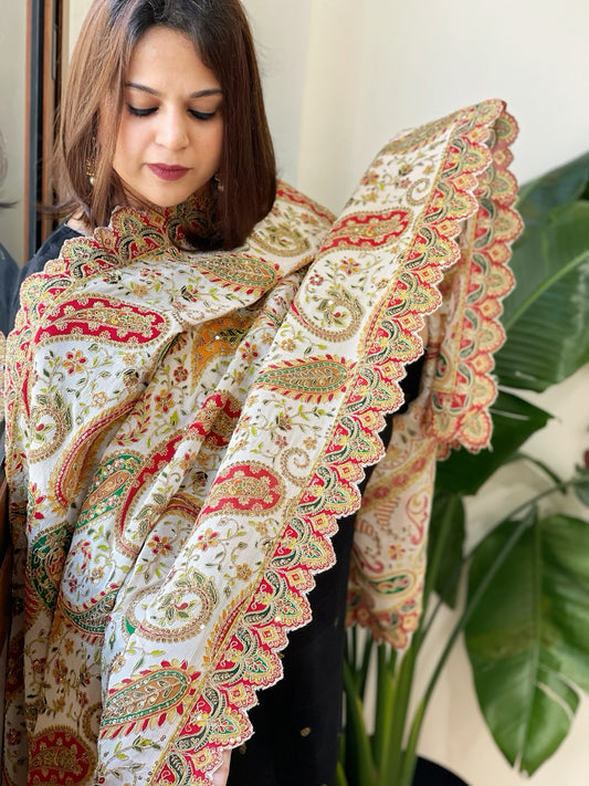White Chinon Dupatta with Aari Embroidery