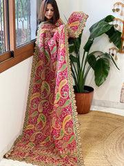 Rani Pink Chinon Dupatta with Aari Embroidery