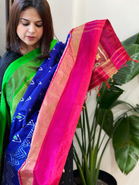 Blue Handwoven Ikat Dupatta in Pure Silk