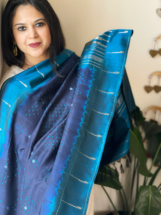 Deep Blue Bandhani with Handwoven Paithani Dupatta in Pure Silk