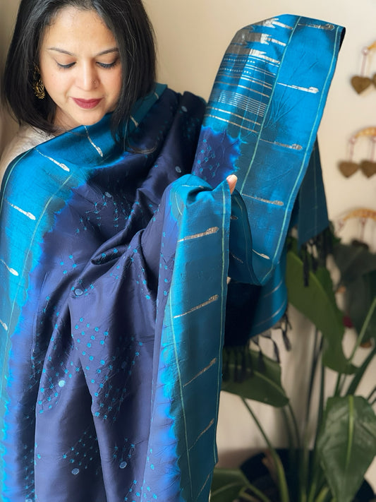 Deep Blue Bandhani with Handwoven Paithani Dupatta in Pure Silk
