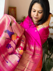 Pink Handwoven Paithani Dupatta in Pure Silk