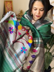 Bottle Green Handwoven Paithani Dupatta in Pure Silk