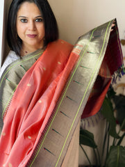 Peach Handwoven Paithani Dupatta in Pure Silk