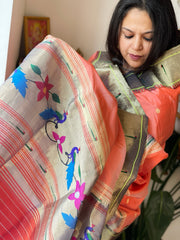 Peach Handwoven Paithani Dupatta in Pure Silk