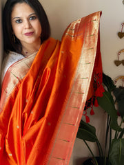 Orange Handwoven Paithani Dupatta in Pure Silk