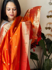 Orange Handwoven Paithani Dupatta in Pure Silk