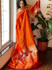 Orange Handwoven Paithani Dupatta in Pure Silk