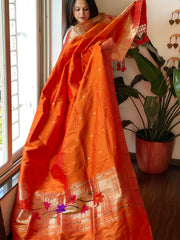 Orange Handwoven Paithani Dupatta in Pure Silk