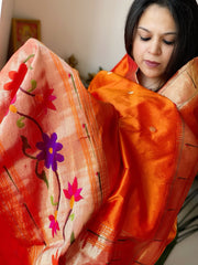 Orange Handwoven Paithani Dupatta in Pure Silk