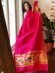 Pink Handwoven Paithani Dupatta in Pure Silk