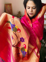 Pink Handwoven Paithani Dupatta in Pure Silk