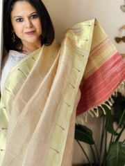 Cream, Carrot Pink Handwoven Paithani Dupatta in Pure Silk
