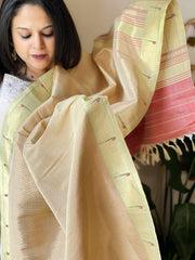 Cream, Carrot Pink Handwoven Paithani Dupatta in Pure Silk