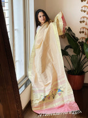 Cream, Carrot Pink Handwoven Paithani Dupatta in Pure Silk