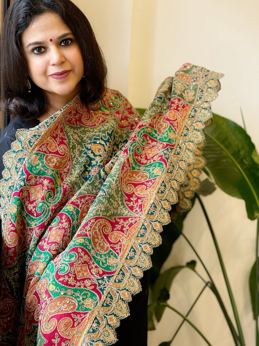 Multicolor Chinon Dupatta with Gold Thread & Aari Embroidery