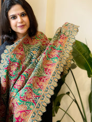 Multicolor Chinon Dupatta with Gold Thread & Aari Embroidery