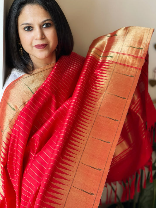 Red Handwoven Paithani Dupatta in Pure Silk