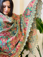 Multicolor Chinon Dupatta with Gold Thread & Aari Embroidery