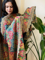 Multicolor Chinon Dupatta with Gold Thread & Aari Embroidery