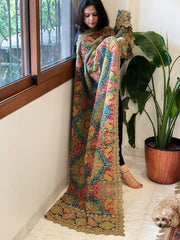 Multicolor Chinon Dupatta with Gold Thread & Aari Embroidery