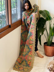 Multicolor Chinon Dupatta with Gold Thread & Aari Embroidery