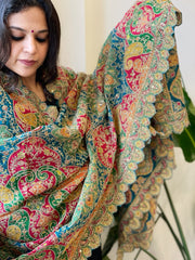 Multicolor Chinon Dupatta with Gold Thread & Aari Embroidery