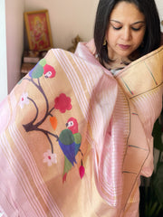 Baby Pink Handwoven Paithani Dupatta in Pure Silk