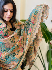 Multicolor Chinon Dupatta with Gold Thread & Aari Embroidery