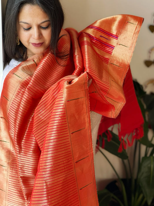 Red Handwoven Paithani Dupatta in Pure Silk