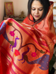 Red Handwoven Paithani Dupatta in Pure Silk