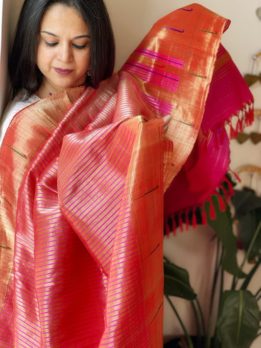 Pink Handwoven Paithani Dupatta in Pure Silk