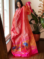 Pink Handwoven Paithani Dupatta in Pure Silk