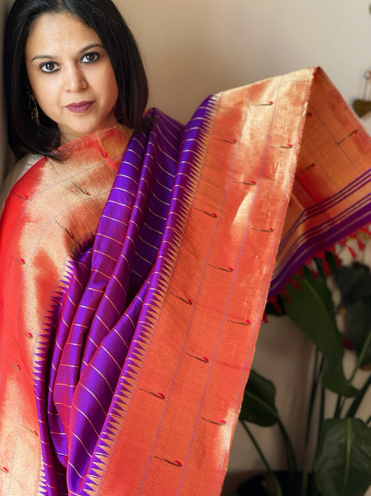 Purple Handwoven Triple Zari Border Paithani Dupatta in Pure Silk