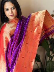 Purple Handwoven Triple Zari Border Paithani Dupatta in Pure Silk