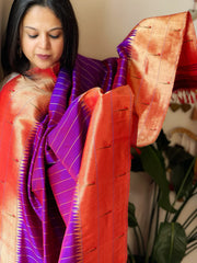 Purple Handwoven Triple Zari Border Paithani Dupatta in Pure Silk