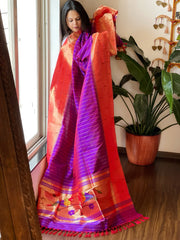 Purple Handwoven Triple Zari Border Paithani Dupatta in Pure Silk