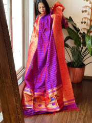 Purple Handwoven Triple Zari Border Paithani Dupatta in Pure Silk